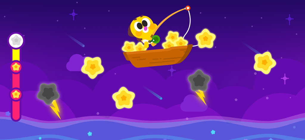 Cocobi Baby Care - Babysitter - Yellow baby dinosaur character fishing for stars in a boat in a purple night sky.