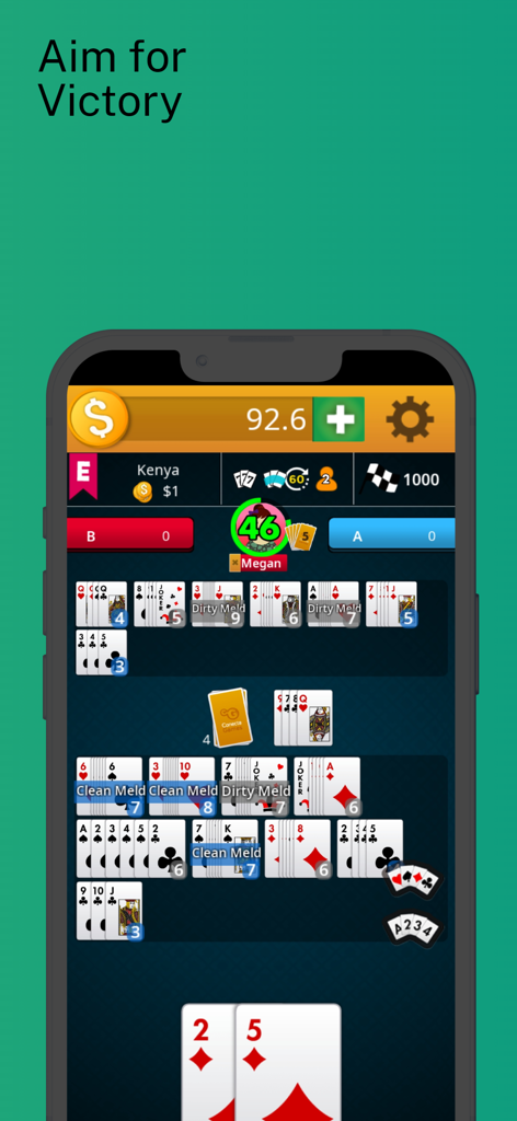 A screenshot of the Burraco card game showing melds and cards on an iPhone screen