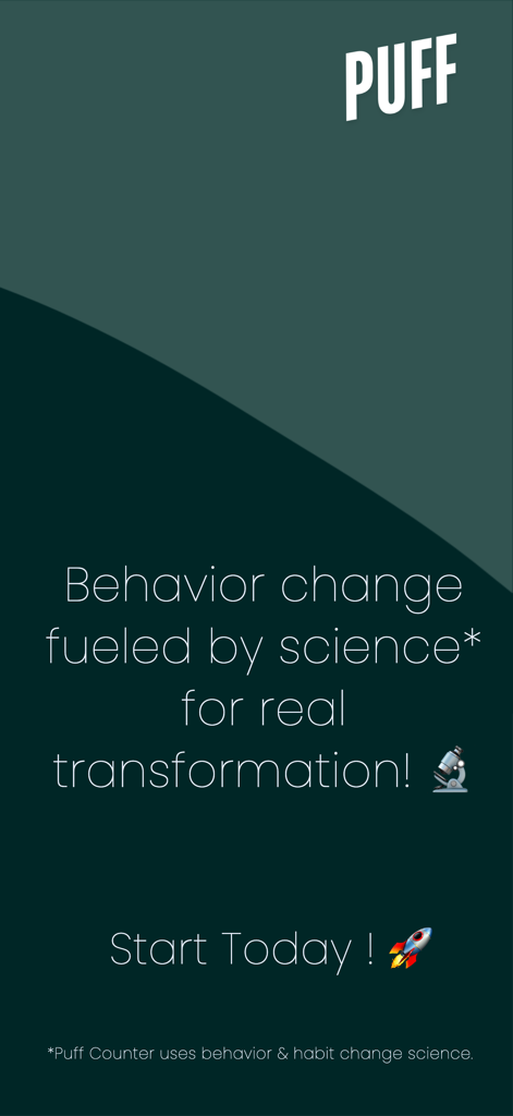 Pantalla promocional de la aplicación Puff Counter centrada en el cambio de comportamiento basado en la ciencia y la transformación del hábito de vapear.