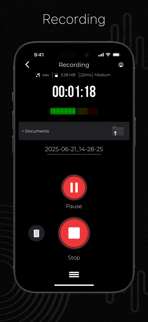 Interface of the Audio Recorder app showing an active recording session with timer and control buttons