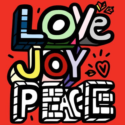 the word in block letters "love, joy, peace"