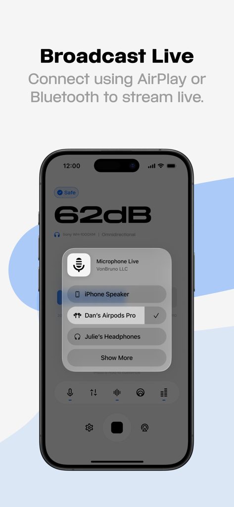 Microphone Live - Écran de l'application Microphone Live montrant les options pour diffuser de l'audio vers des appareils Bluetooth comme les AirPods.