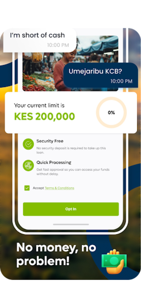 KCB Mobile TZ - Mobile banking app screen showing a quick loan offer with zero security deposit and fast approval