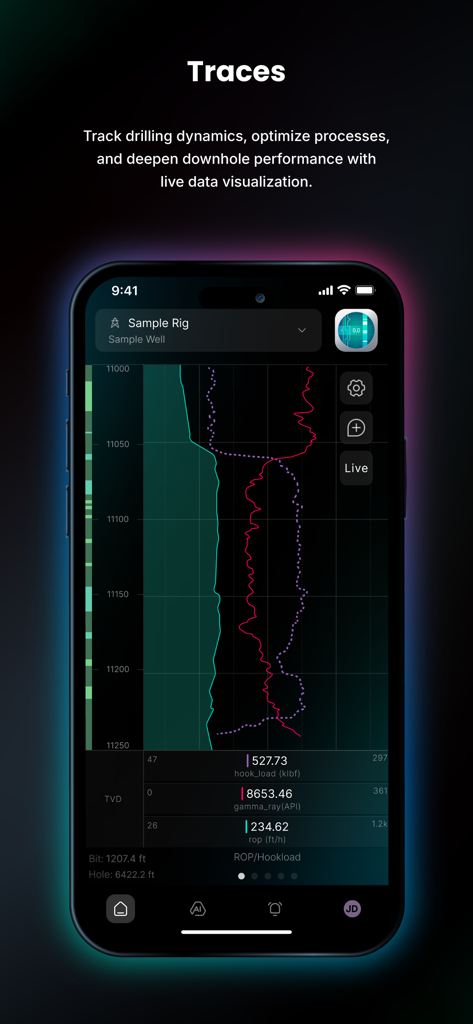 Corva app showing real-time drilling traces and live data visualization for oil and gas operations