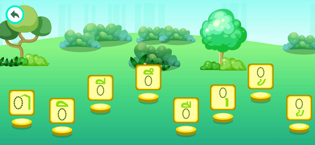 Pantalla interactiva de aprendizaje de vocales Khmer con gráficos de dibujos animados para niños