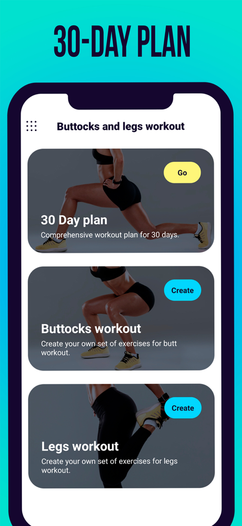 Butt And Legs Workout Fitness - Captura de pantalla de la aplicación Entrenamiento de Glúteos y Piernas que muestra el plan de 30 días y el menú de selección de entrenamiento