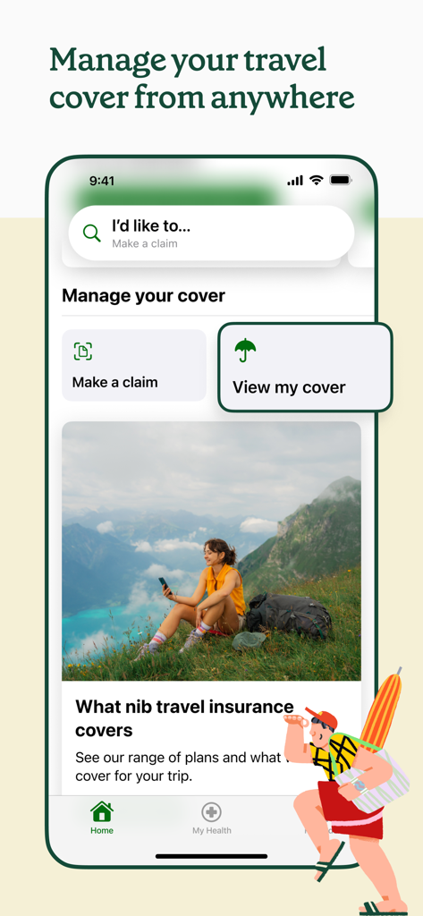 nib mobile app interface for managing travel insurance and making claims