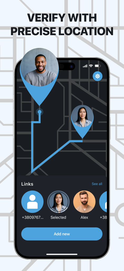 iLoca: Phone Tracker Location - Smartphone screen showing the iLoca app interface with precise location tracking on a dark map and a list of shared contact links