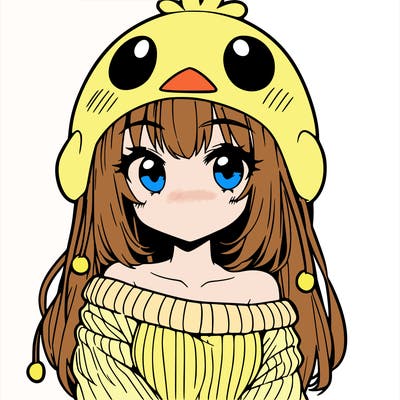 anime girl with chick shaped hat with sweater with bare shoulders with bangs covering them one eye with low tail
