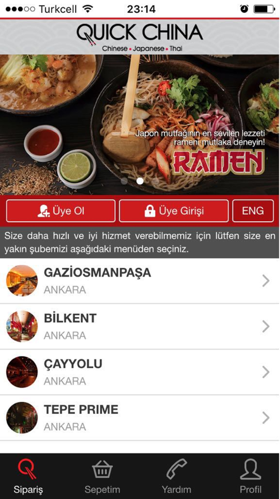 Mobile QuickChina - Mobile QuickChina App Startbildschirm mit einer Ramen-Schüssel-Werbung und einer Liste von Restaurantfilialen für die Essensbestellung