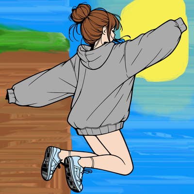 realistic girl jumping with a bun and oversized sweatshirt