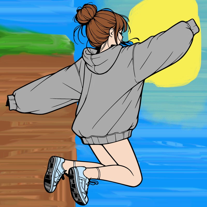 realistic girl jumping with a bun and oversized sweatshirt