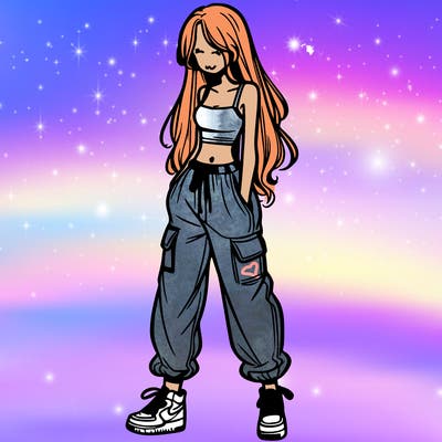 girl in baggy pants crop top and long hair