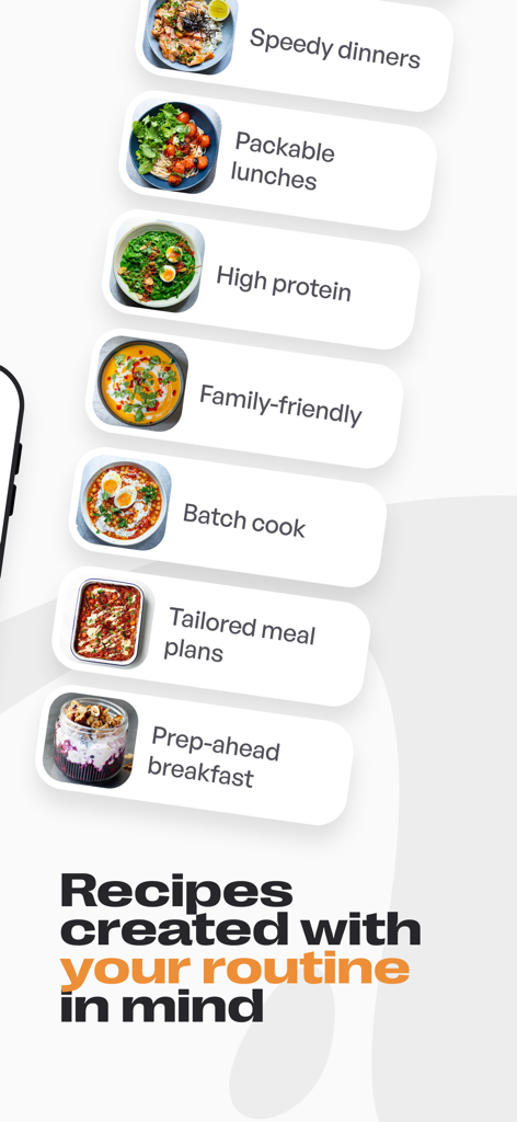 Mob: Meal Planner and Recipes - Mob app interface showing various recipe categories including speedy dinners and high protein meals