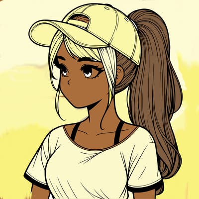 realistic looking girl with her hair in a really long ponytail and a base ball cap, t-shirt