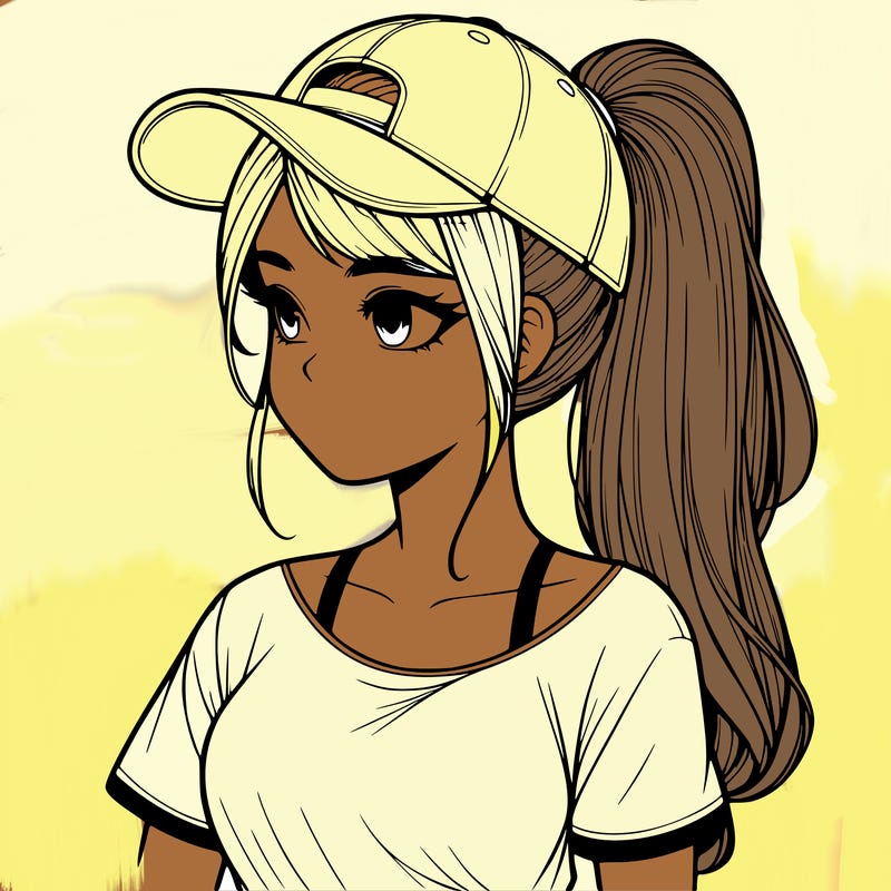 realistic looking girl with her hair in a really long ponytail and a base ball cap, t-shirt