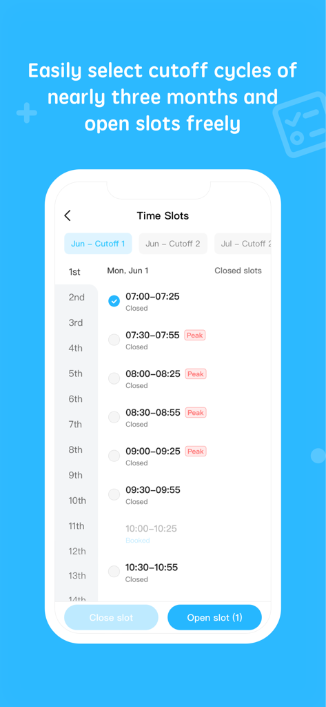 Écran mobile de l'application 51Talk Professeur montrant une liste de créneaux horaires d'enseignement disponibles et réservés avec des étiquettes d'heures de pointe.