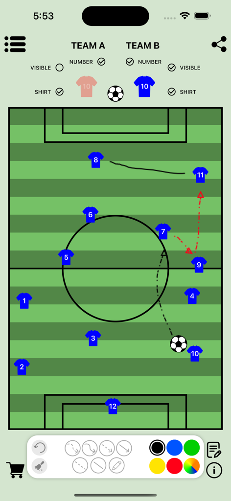 Soccer Tactics Board - A soccer tactics app interface showing a green field with blue player icons and strategic movement arrows