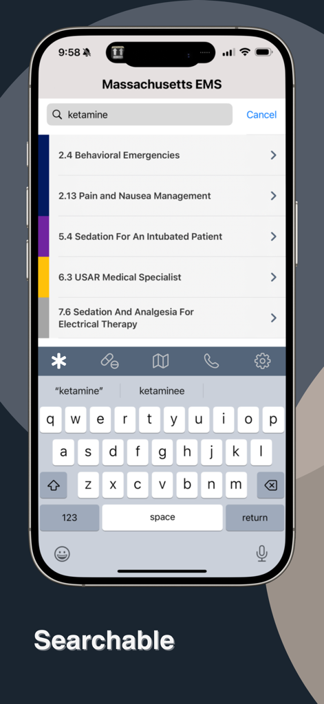 Massachusetts EMS app search interface showing protocol results for ketamine