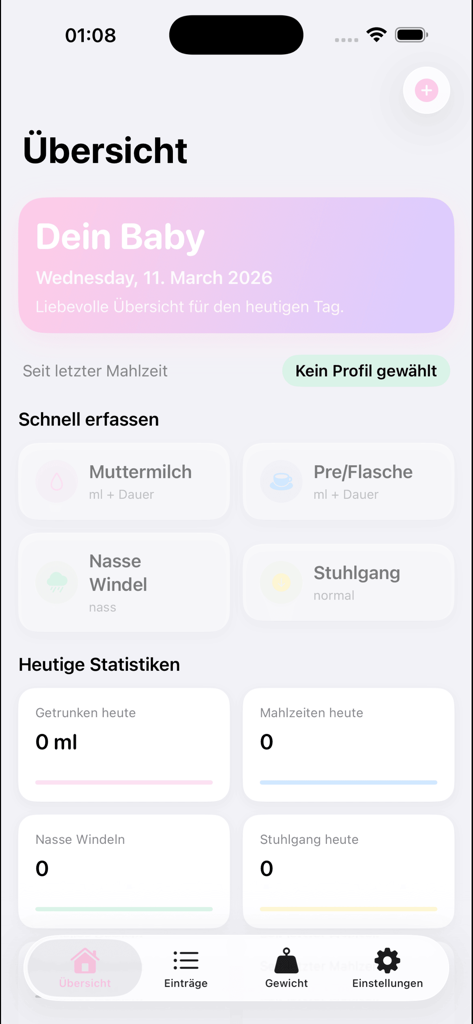 Baby Tracker - Feeding Log - Dashboard of the Baby Tracker app showing feeding and diaper tracking options and daily statistics in German