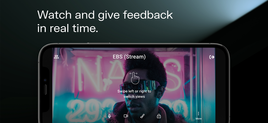 Evercast Studio - Evercast Studio app on iPhone showing a live video stream with real time feedback and collaboration tools