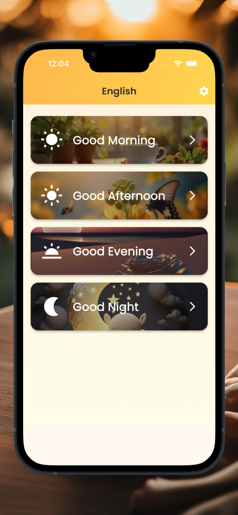 Good Morning greetings - Main menu of the Good Morning greetings app displaying selection cards for Good Morning, Good Afternoon, Good Evening, and Good Night.