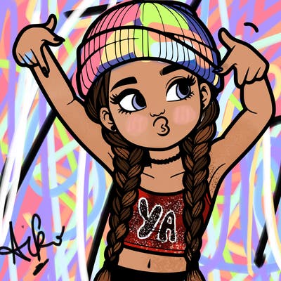 realistic teenage girl with braids and a beanie and crop top doing 🫶🏼