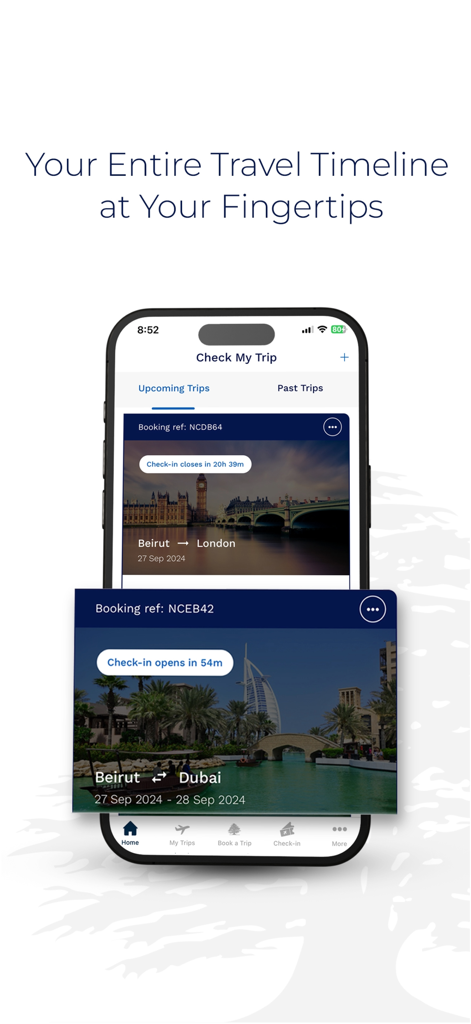 Middle East Airlines - MEA - Smartphone screen displaying the Middle East Airlines app travel timeline with upcoming trips and booking details