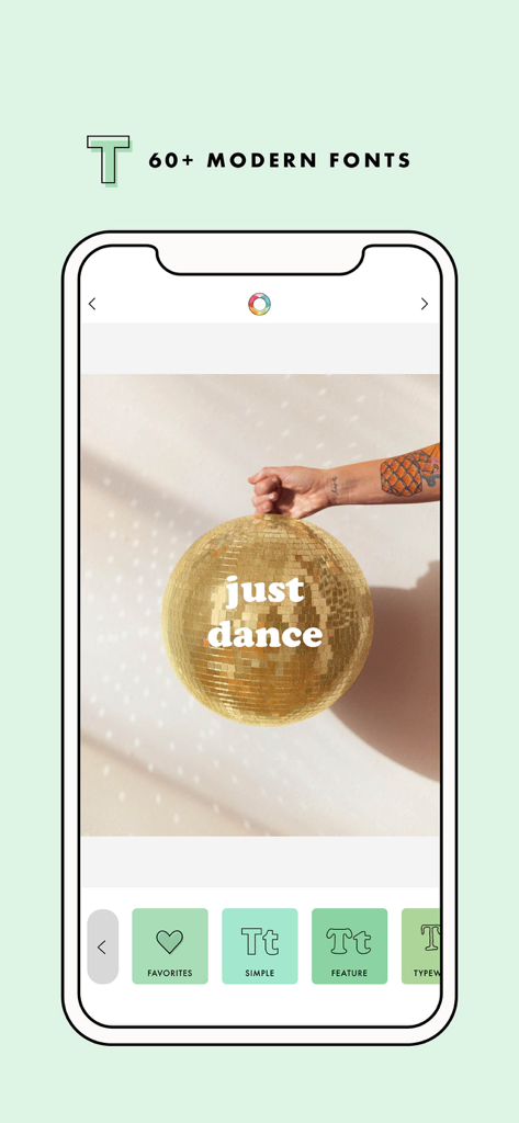 A Design Kit: Collage Maker - Interface of A Design Kit app showing modern fonts selection on a gold disco ball image