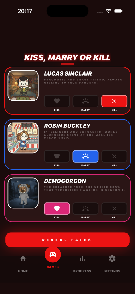 Stranger Things Quiz & Trivia - Ein Mobile-Game-Bildschirm für Küssen, Heiraten oder Töten mit Lucas Sinclair, Robin Buckley und Demogorgon