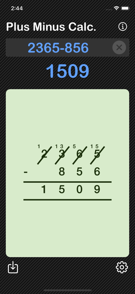 Plus Minus Calculator - Interface do aplicativo Calculadora Mais Menos mostrando um problema de subtração com reagrupamento visual e empréstimo de etapas