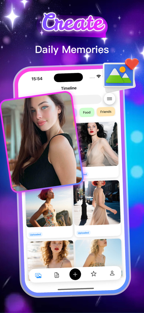 Interface of Docom app displaying a photo timeline for capturing daily memories and lifestyle moments