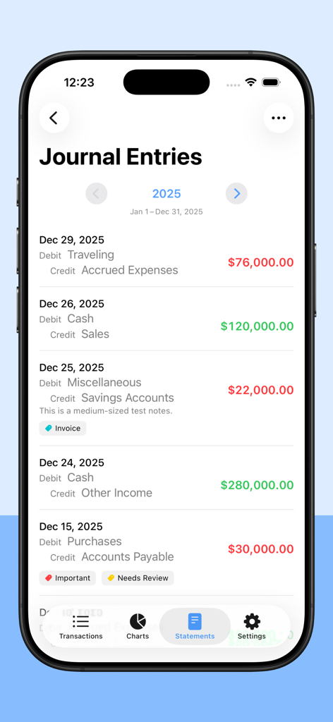 Small Business Accounting 2 - Journal entries screen in the Small Business Accounting 2 app showing a list of debit and credit transactions