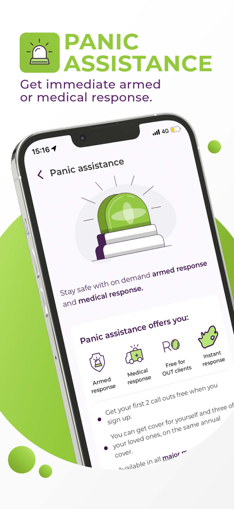 OUTsurance app panic assistance screen for immediate armed or medical response