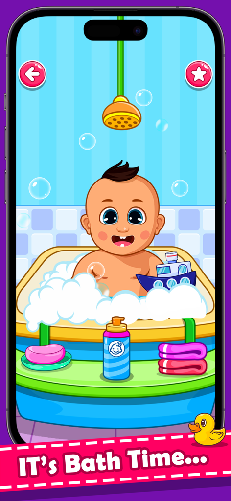 Baby Care Games. Kids Daycare - A happy cartoon baby playing in a bathtub with bubbles and a toy boat in a kids daycare game