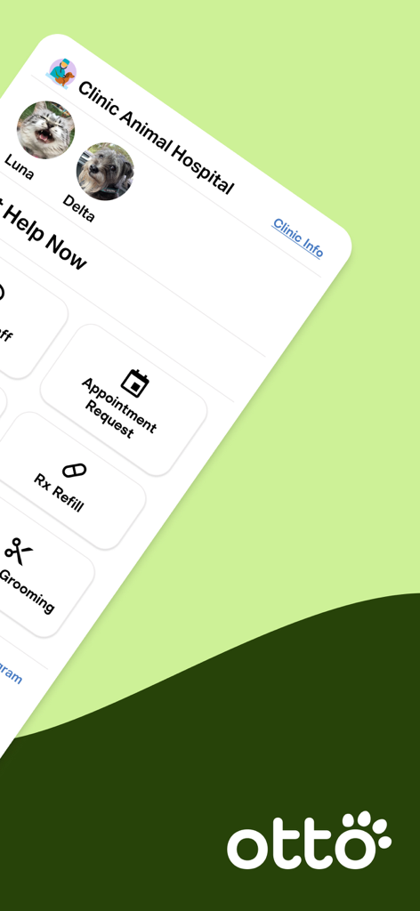 Interface of the Otto app showing pet profiles and quick action buttons for appointment requests and prescription refills.