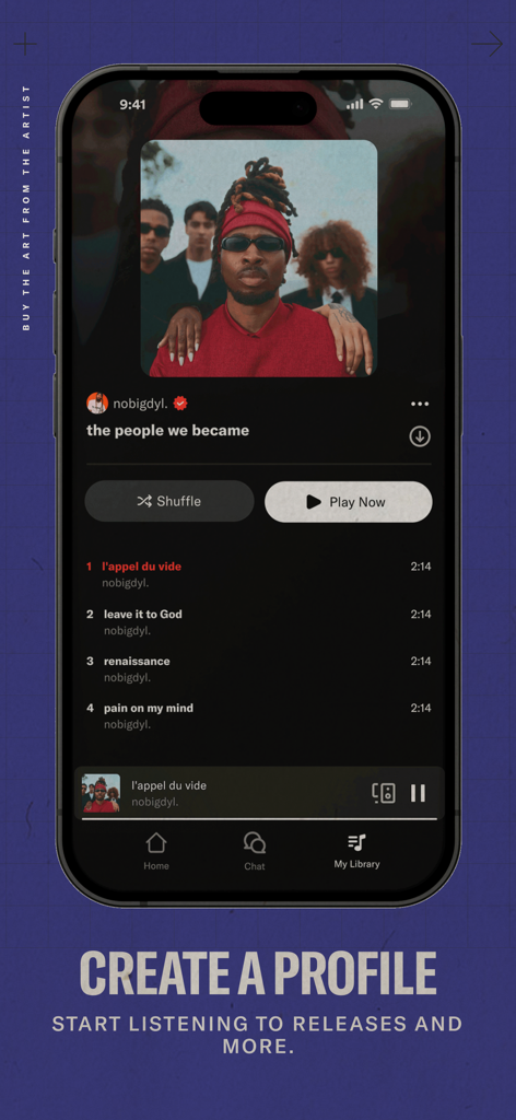 Interface de l'application musicale EVEN montrant une sortie d'artiste avec la liste des morceaux et les boutons de lecture
