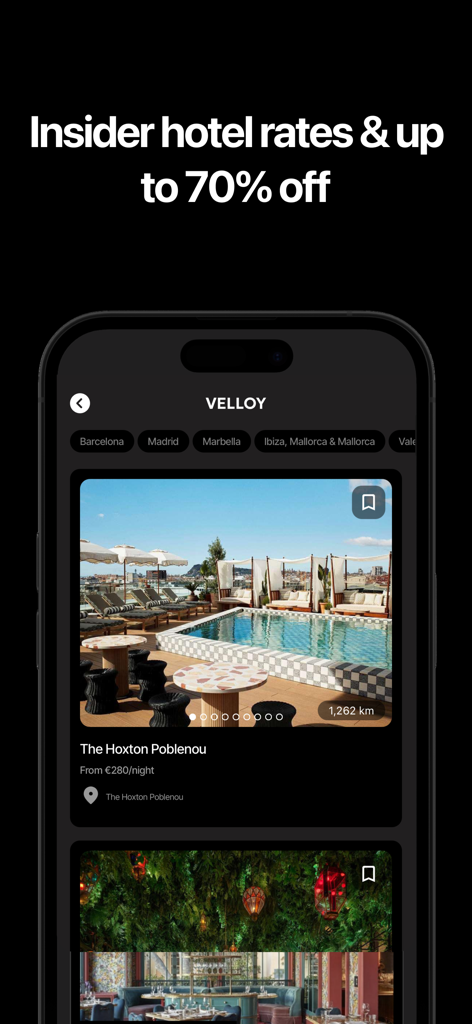 Tela do aplicativo móvel Velloy exibindo tarifas de hotel exclusivas para membros e descontos para estadias de luxo