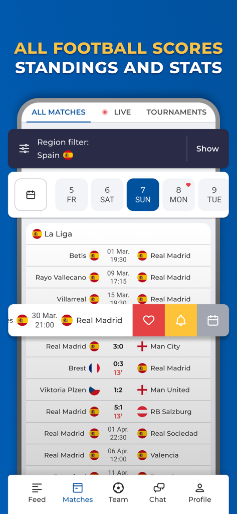 Madrid Live - For Real Fans - Interfaccia dell'app Madrid Live che mostra i risultati delle partite di calcio, le classifiche e le statistiche di squadra per i tifosi del Real Madrid