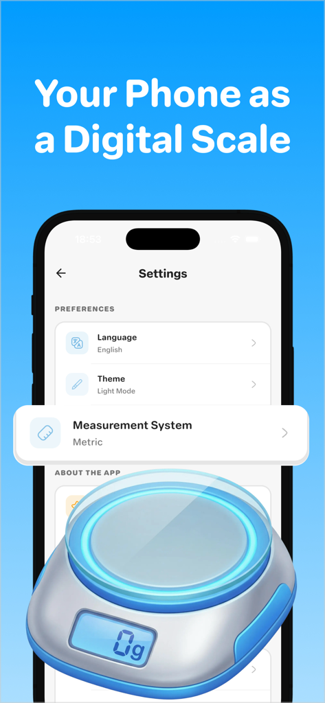 Pesa: Digital Scale for Grams - Pesa 앱 설정 화면에 측정 옵션과 디지털 저울 일러스트가 표시됩니다.