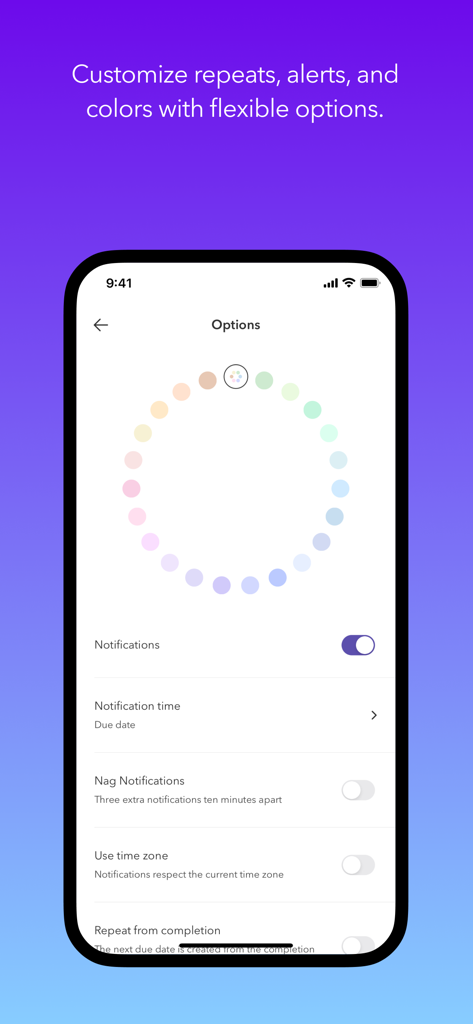 The Doo app options screen featuring a pastel color wheel for task categorization and notification settings.