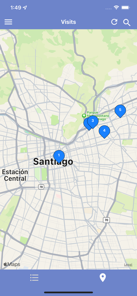Interface do aplicativo SimpliRoute mostrando paradas de entrega numeradas em um mapa da cidade.