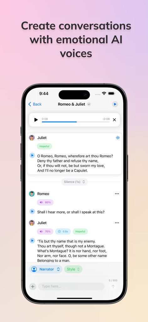 VoiceStudio AI - Interface of the VoiceStudio AI app showing a text to speech conversation script with multiple character voices and emotional settings