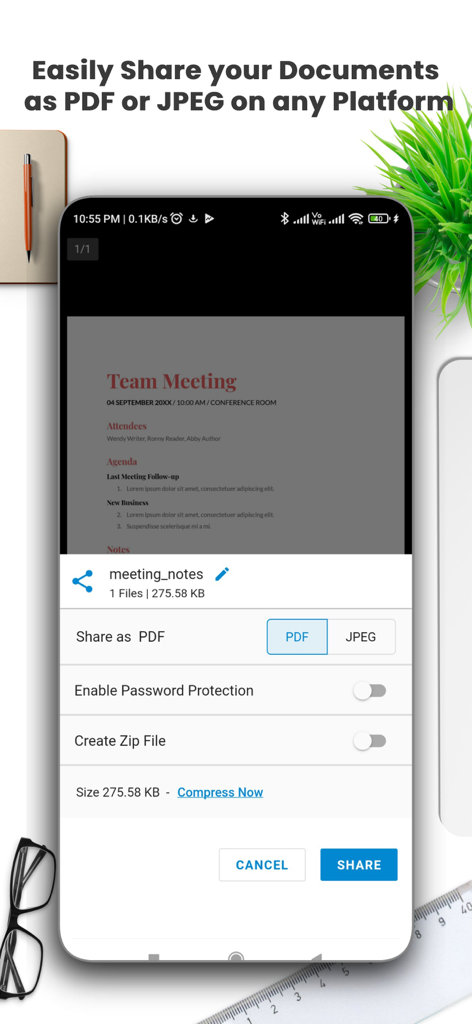Document Scanner by Lufick - Mobile app screen showing options to share scanned documents as PDF or JPEG with features like password protection and file compression