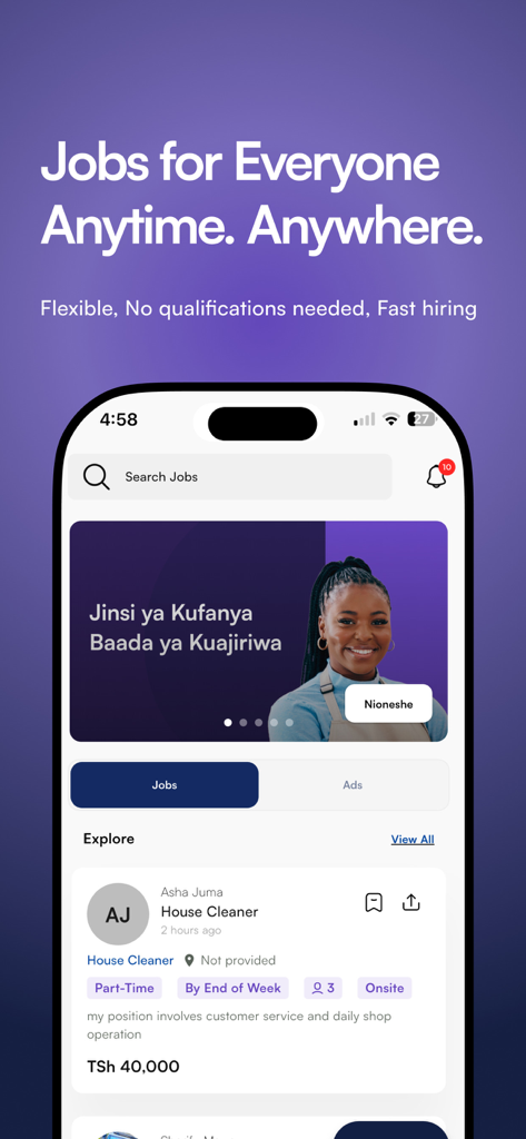 La pantalla de inicio de la aplicación Daywaka que muestra oportunidades de trabajo flexible y una barra de búsqueda.