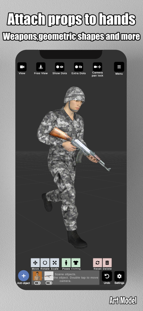 Art Model - Pose & morph tool - A 3D character model of a soldier holding a rifle prop in the Art Model app interface.