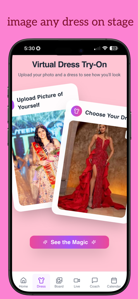 Runway AI - Interface do aplicativo móvel Runway AI mostrando uma funcionalidade de provador virtual de vestidos para vestidos de concurso de beleza