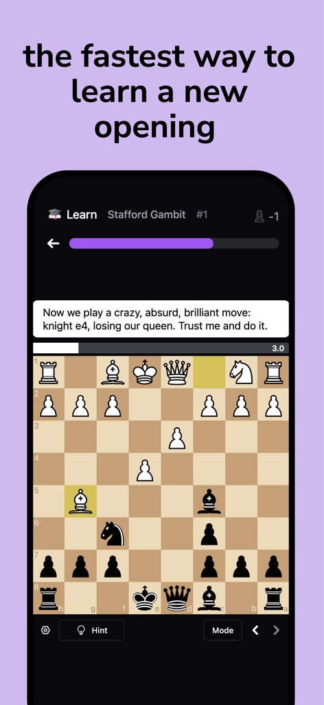 Chessreps mobile app interface showing an interactive lesson on the Stafford Gambit opening