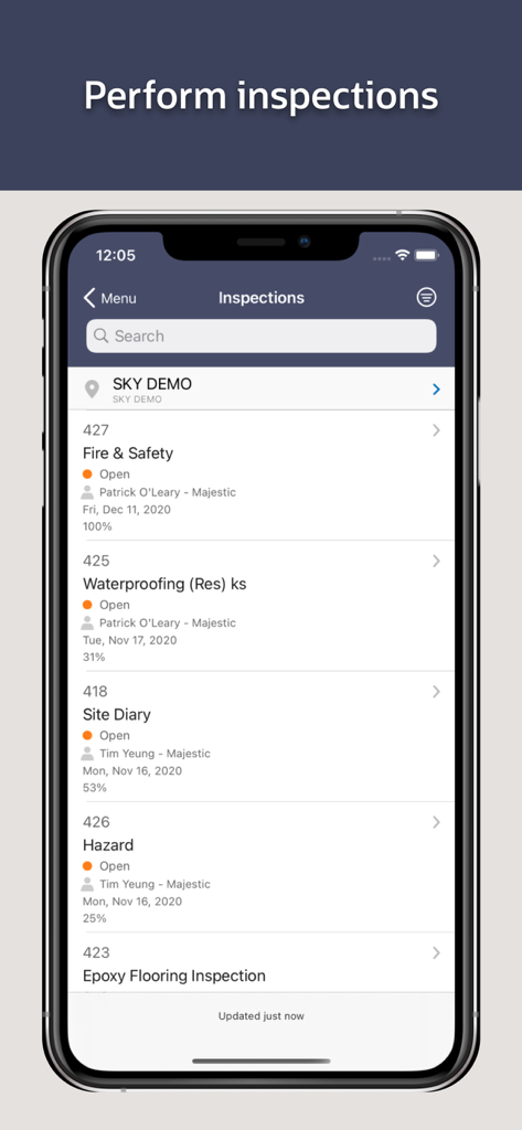 Oracle Aconex - Oracle Aconex mobile app showing a list of construction site inspections like fire safety and site diary.