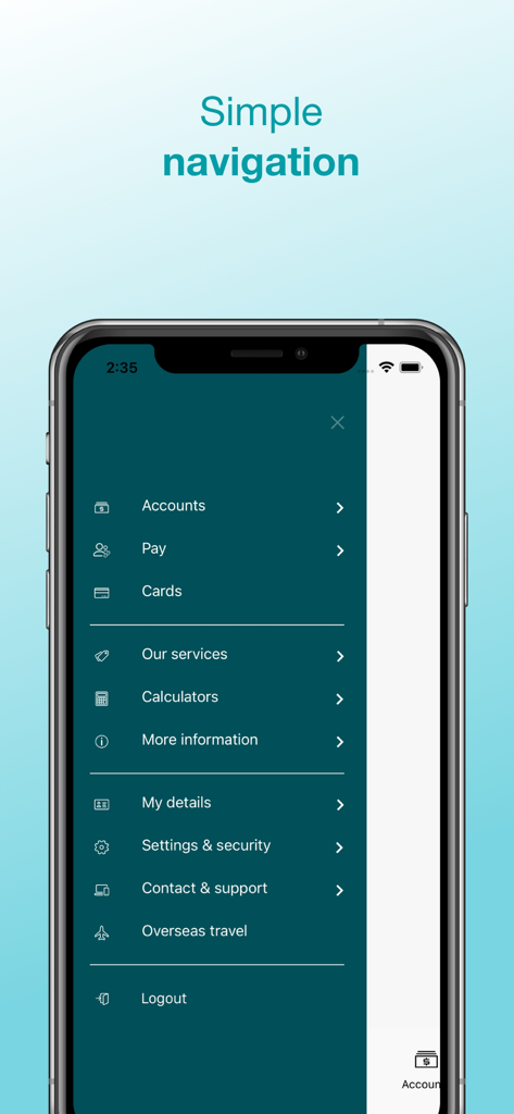 Unity Bank - The Unity Bank mobile app side menu showcasing simple navigation for banking services